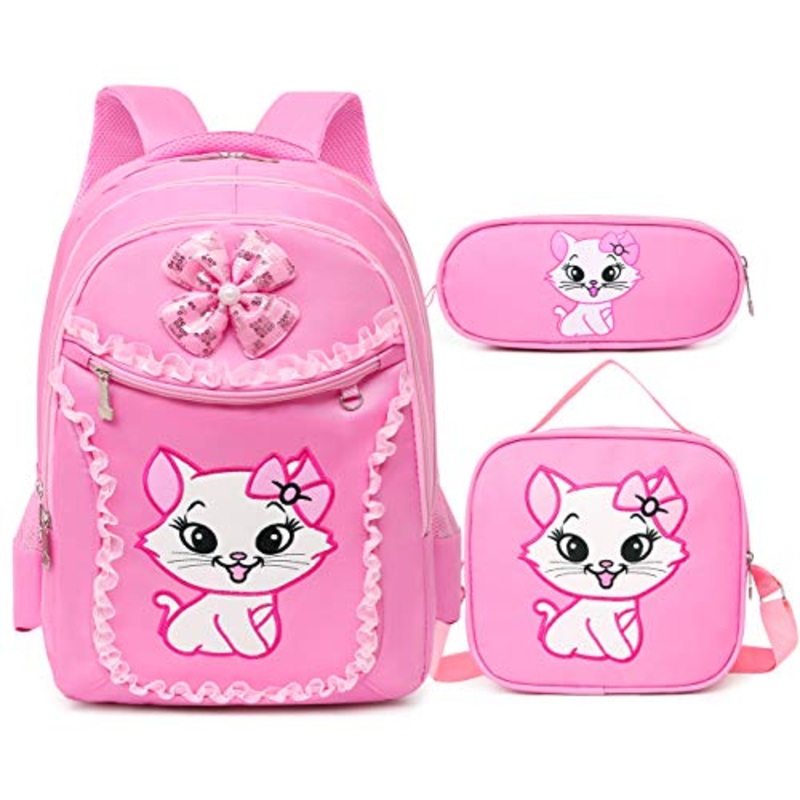 Debbieicy Cute Cat Printing Lace Backpack Lightweight Princess School Bag Kids Bookbag Handbag Pen Bag Set for Primary Girls (Large, Pink1(Backpack Handbag Pen Bag))