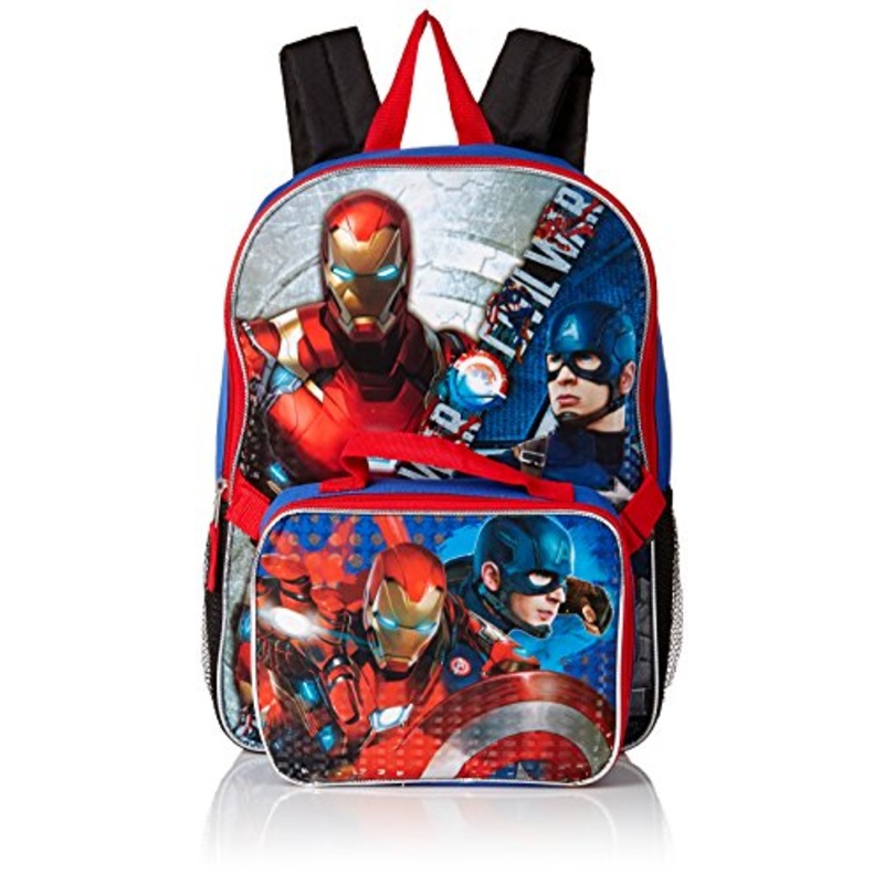 Marvel Boys' Civil War Captain Vs. Ironman Backpack with Lunch Kit, Blue/black