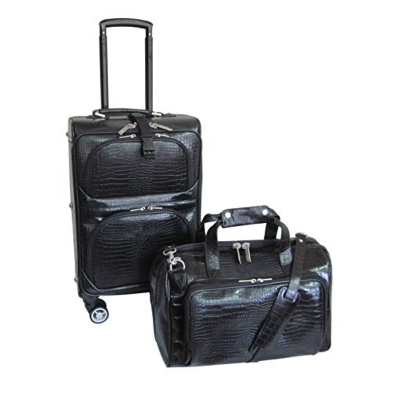 Amerileather Leather Croco-Print Two Piece Set Traveler On Spinner Wheels (#8602-0) (Black)