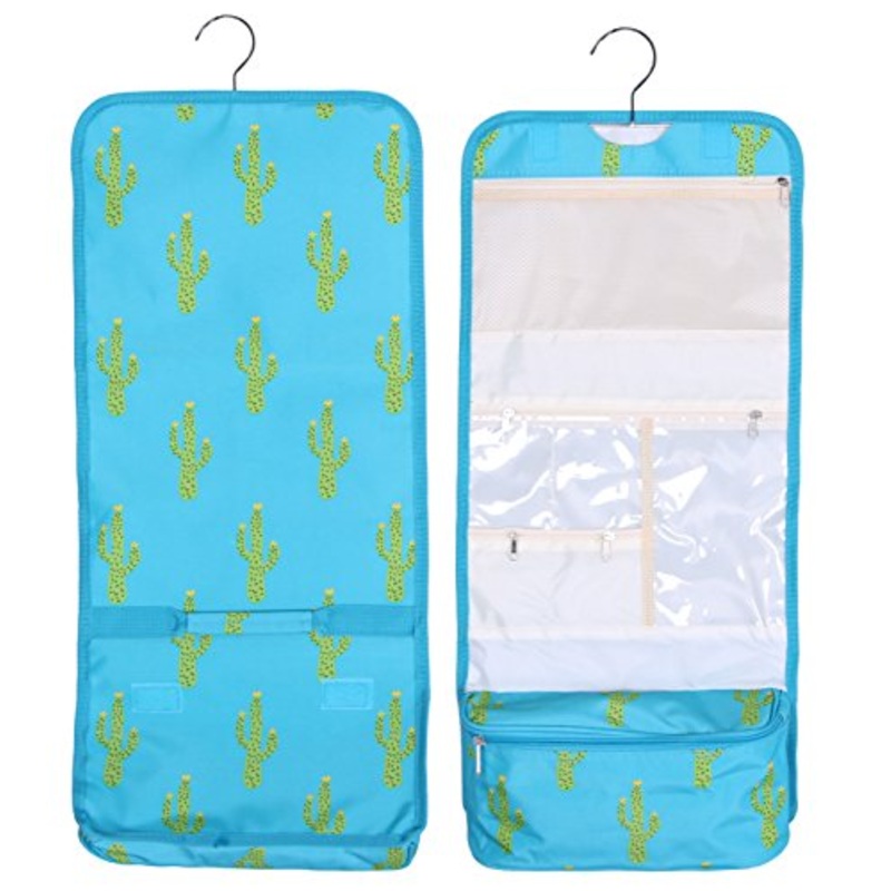 Hanging Toiletry Cosmetic Organizer Bag - Roll Up For Storage And Travel (Turquoise Cactus Print)