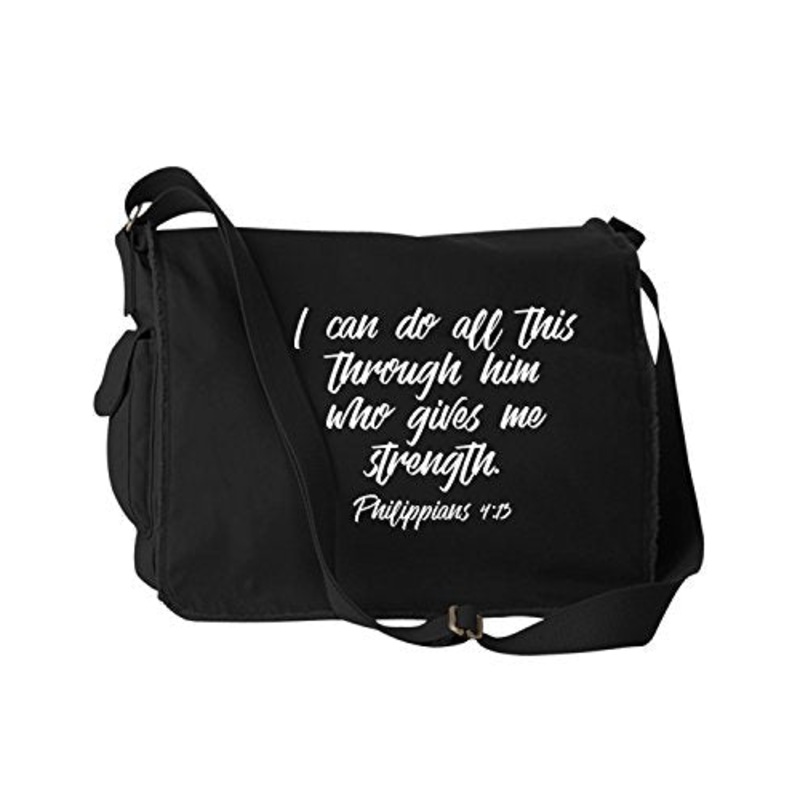 I Can Do All This Through Him Philippians 4:13 Bible Quote Phrase Black Canvas Messenger Bag