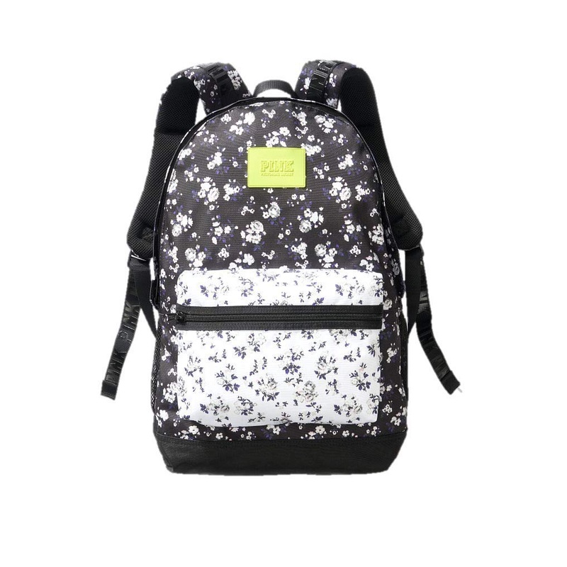Victoria 's Secret PINK Campus Backpack Black Floral Zipper Bag