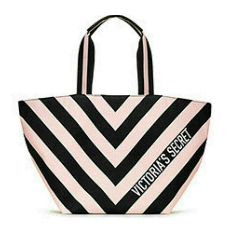 Victoria's Secret Tote Bag Pink Black Striped, Stripe Duffle Pink