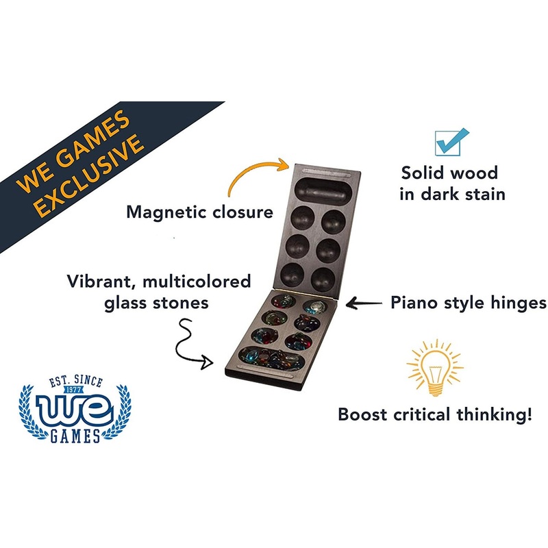 WE Games - Folding Mancala Game - Dark Stained Wood & Glass Stones