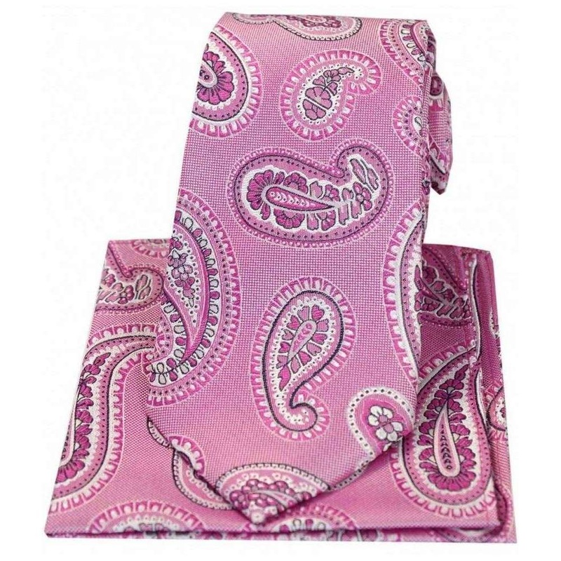 David Van Hagen Matching Paisley Silk Tie and Hanky Set - Pink