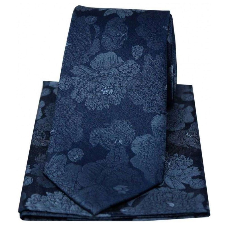 David Van Hagen Large Flowers Silk Tie and Hanky Set - Blue
