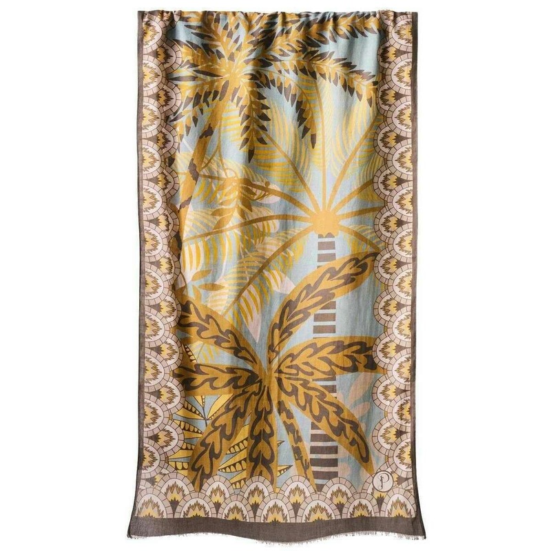 Powder Patterned Palms Cotton Scarf - Beige/Brown/Yellow