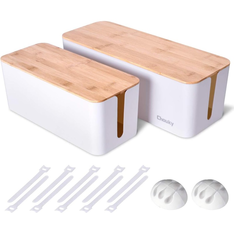 2 Pack Large Cable Management Box  Wooden Style Cord Organizer and Cover for TV Wires, Computer, Router, USB Hub and under Desk Power Strip  Safe ABS Material and Baby-Pets Proof Lock (White)