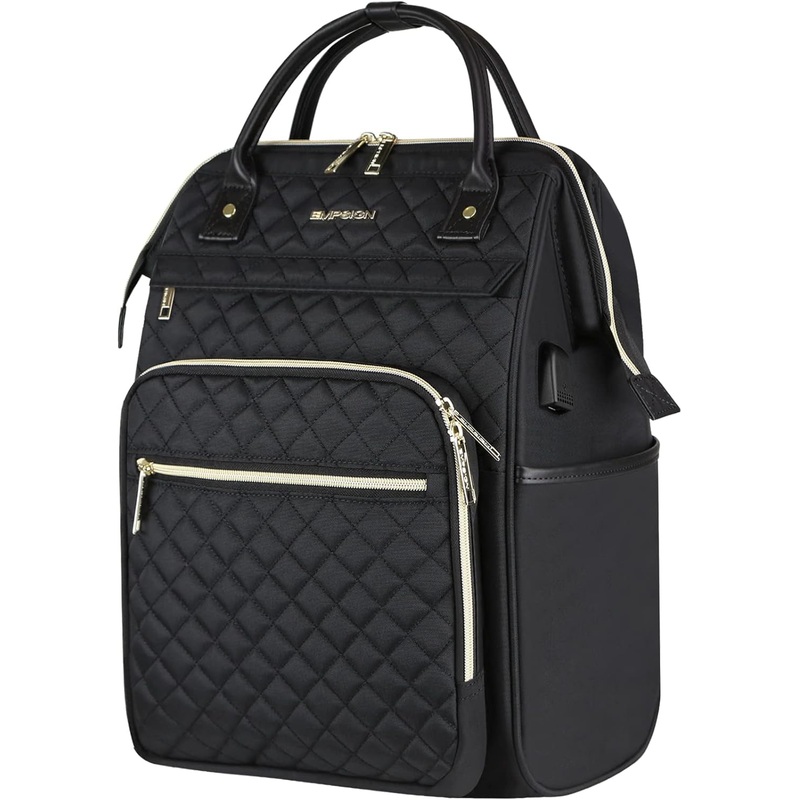 EMPSIGN 17 Inch Laptop Backpack for Women, Work Business Travel Computer College Bags, Large Capacity Water-Repellent Quilted Casual Daypack with USB Port, Black