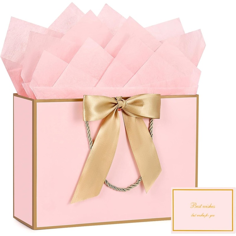 JMANNI Gift Bags, 1PCS Gift Bags Large with Ribbon and 1 Greeting Cards 2 Tissue Paper, Portable Paper Gift Bag with Handles, Birthday Gift Bags,Present Bags for Wedding Party Mothers Day. 12.6''X9.84''X4''(Pinkgolden)