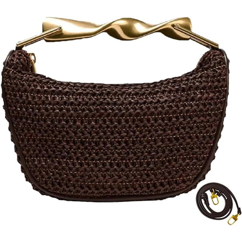 JYG Handmade Straw Crossbody Bags for Women Mini Summer Satchel Purse Fashion Woven Shoulder Handbags with 2 Straps