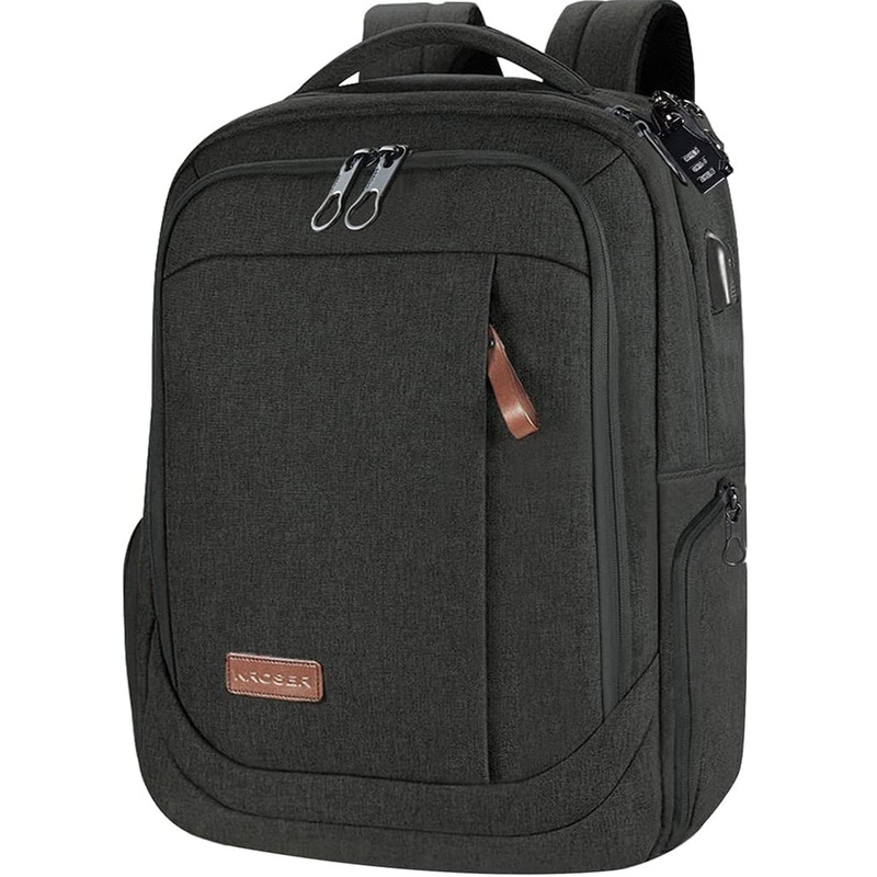 KROSER Laptop Backpack Large Computer Backpack Fits up to 17.3 Inch Laptop with USB Charging Port Water-Repellent Travel Backpack Casual Daypack for Business/College/Women/Men-Charcoal Black
