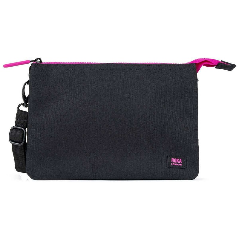 Roka Carnaby XL All Black Pink Label Recycled Canvas Crossbody Bag - Black/Pink