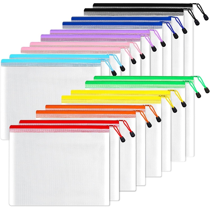 SUNEE Plastic Mesh Zipper Pouch 9X13 in (6 Colors, 18 Packs),Extra Large Water-Resistant Zip Bag for School Office Supplies, Puzzles & Games Organizing Storage