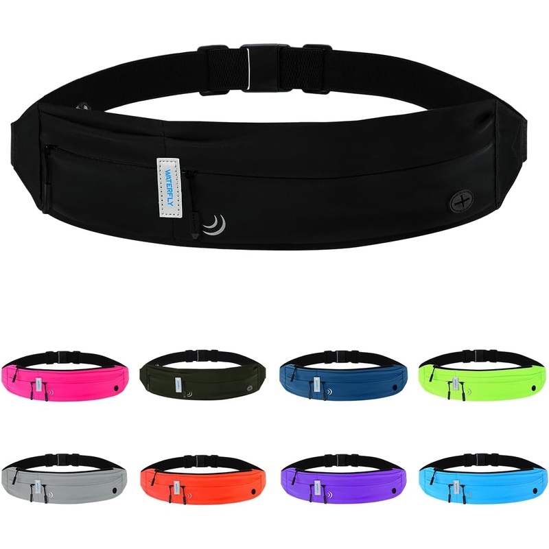 WATERFLY Running Belt Fanny Pack: Runner Marathon Jogging Waist Pack Sport Workout Exercise Fitness Phone Holder Belt for Men Women Jogger Slim Waistband Black