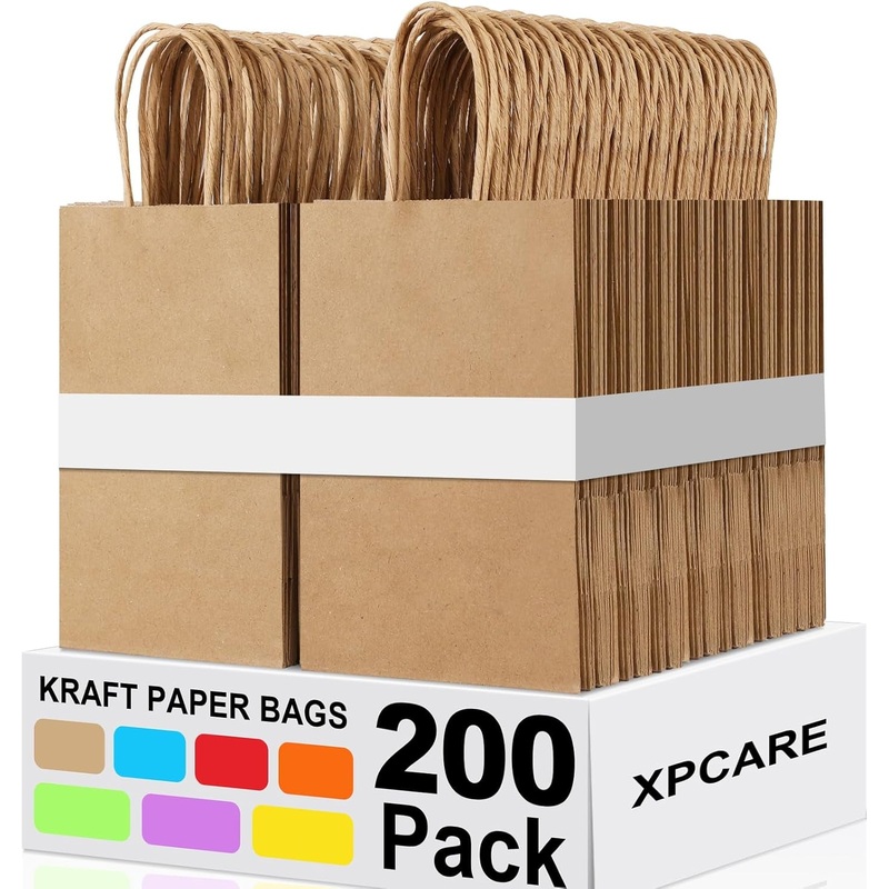 XPCARE 200Pcs Paper Gift Bags 5.25X3.25X8.25'',Gift Wrap Bags with Handles Brown Kraft Paper Bags for Small Business Paper Bags Bulk for Birthday Party Favors Shopping Retail