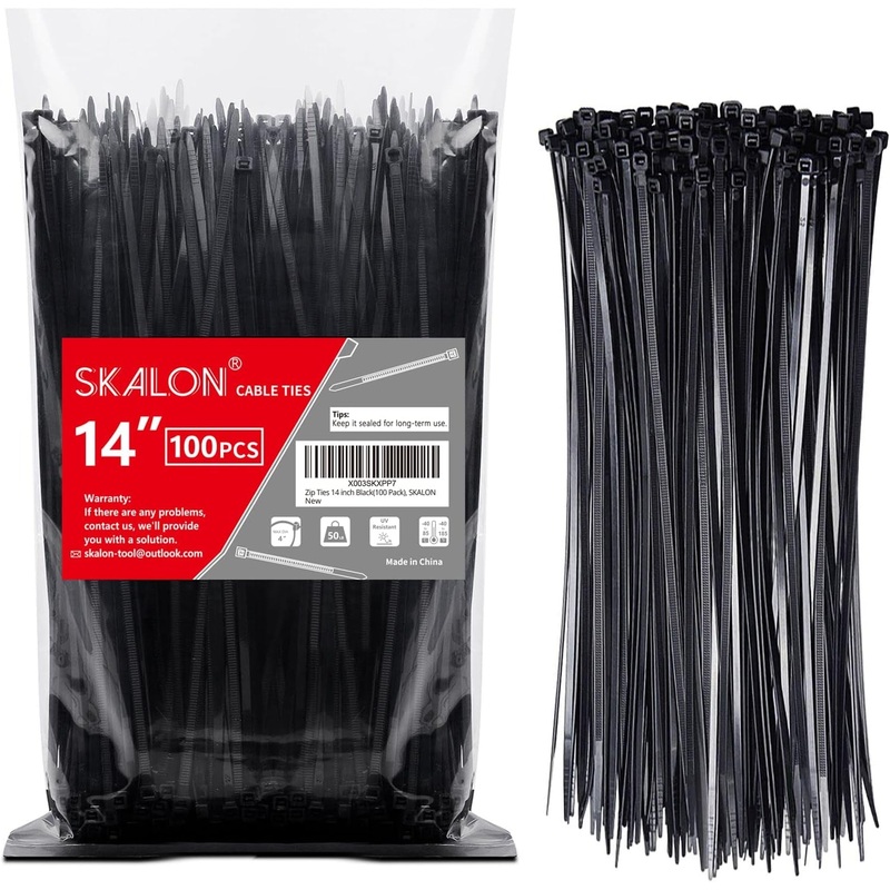 Zip Ties 14 Inch (100 Pack), Black, 50Lb Tensile Strength, UV Resistant Cable Ties for Indoor and Outdoor by SKALON