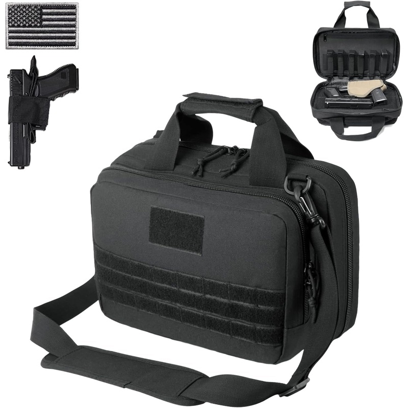 1~2 Pistol Tactical Shooting Bag with Lockable Zipper, US Flag Patch & Universal Holster, XS