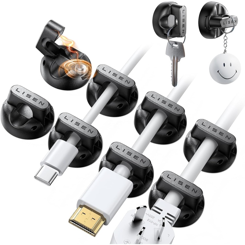 10-Pack Cord Holder [1S Lock] LISEN Magnetic Cord Holder for Nightstand, under Desk Cable Management with 5 Extra Strong Adhesive Pads, Wire Holders for Cords, Home, Wall, Car, Desktop, Cable Straps