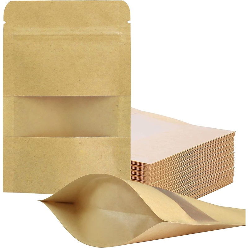 100 Pcs Resealable Bags,3.5" X 5.5" Stand up Kraft Paper Bags with Matte Window, Zip Lock Food Storage Bags for Packaging Products, Reusable, Sealable