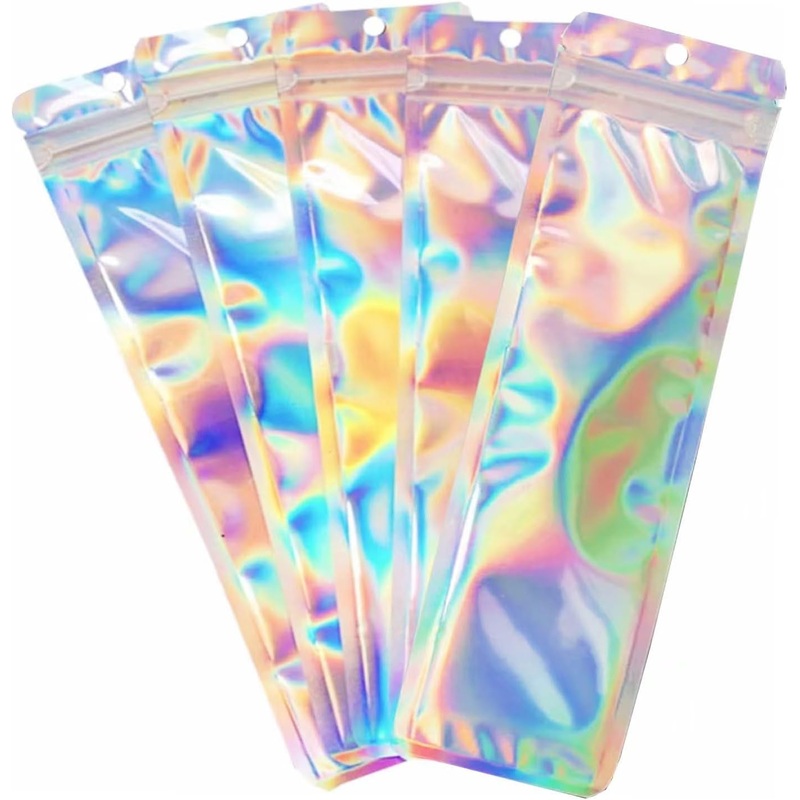 100 Pieces Holographic Pen Bags with Clear Window for Food Storage & Business Display,  2.4x9 Inch