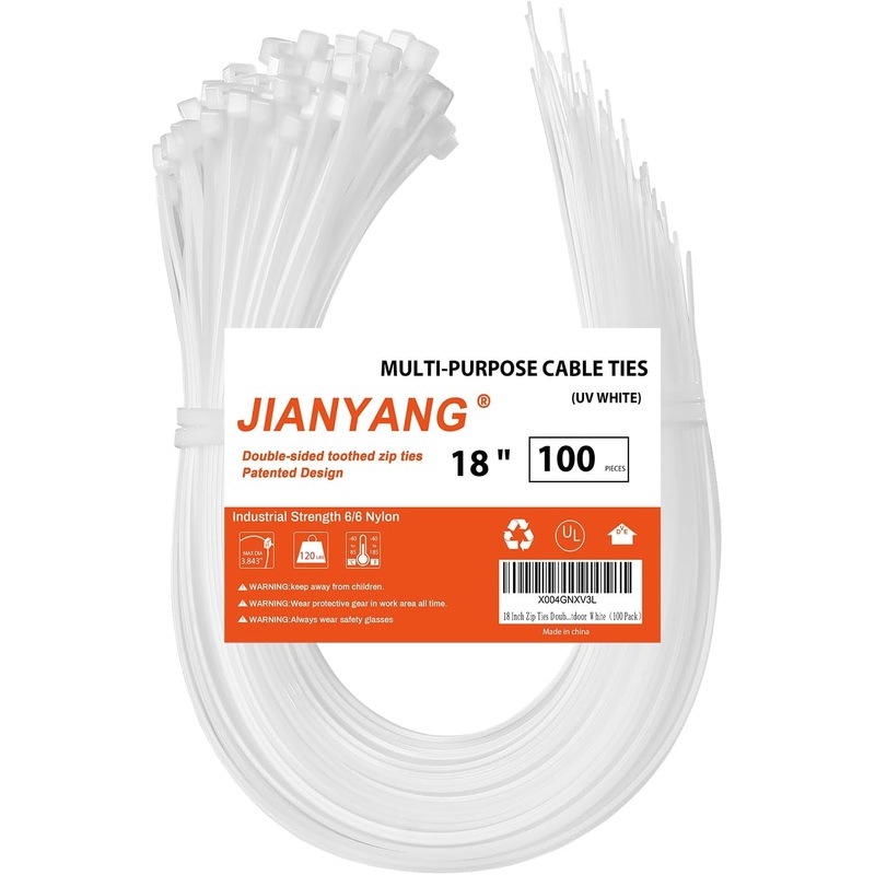 18 Inch Zip Ties Double Sided Toothed,120 LBS Tensile Strength Heavy Duty Cable Wire Ties with Self-Locking Adjustable More Durable Nylon Tie Wraps for Indoor Outdoor White100 Pack