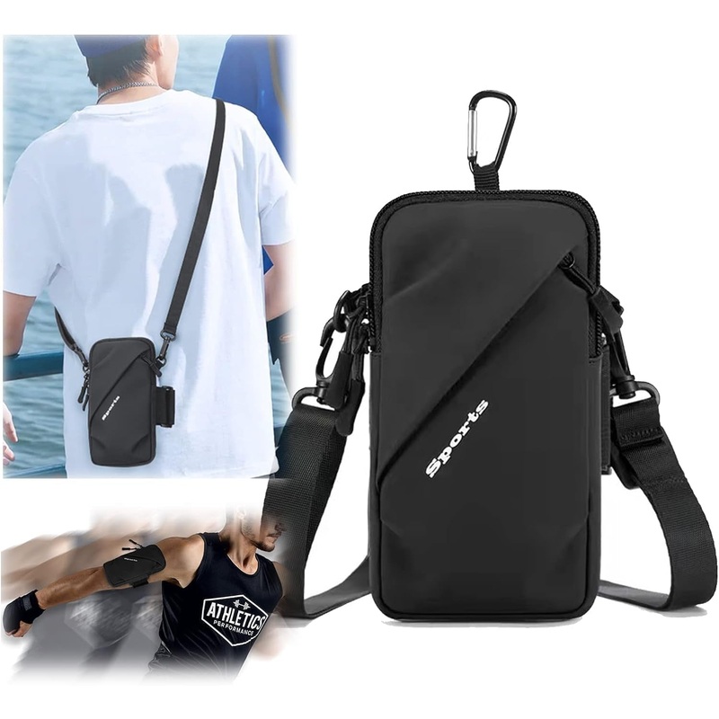 2-in-1 Phone Holder Arm Band, Convertible Crossbody Shoulder Bag with Adjustable strap, Black