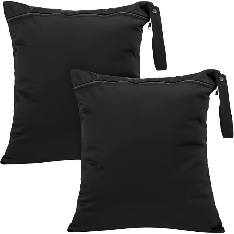 2-Pack Travel Laundry Bag with Metal Zipper for Swimsuits, Dirty Clothes & Diapers, Solid Black
