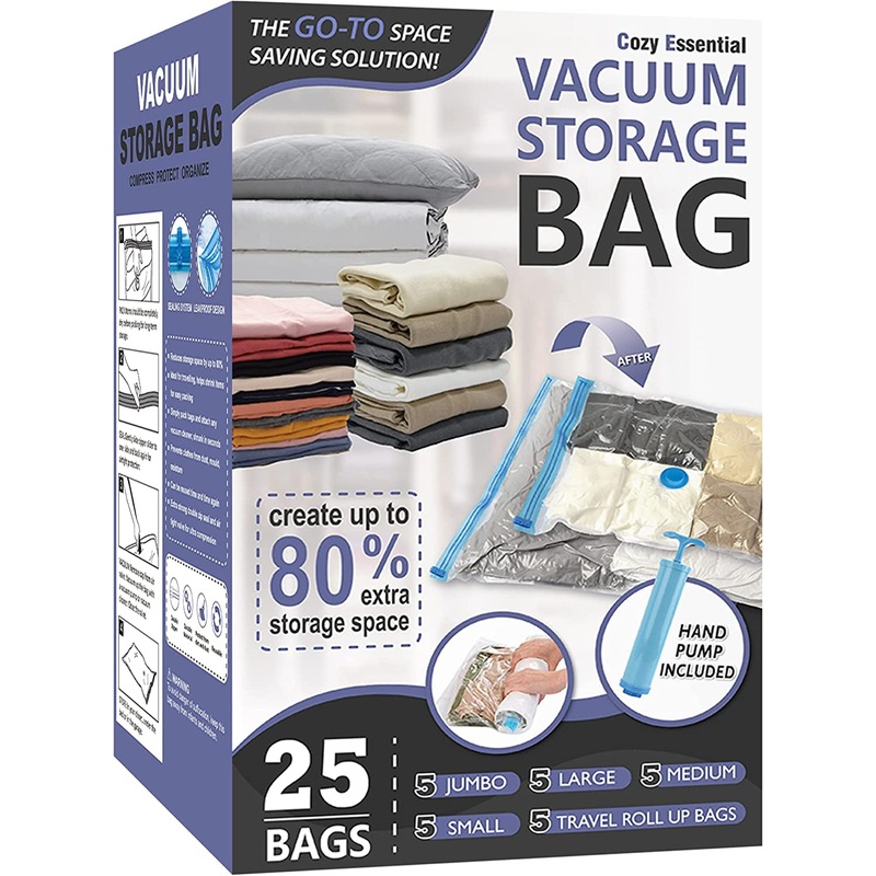 25 Pack Vacuum Storage Bags with Hand Pump Included for Travel Storage and Moving