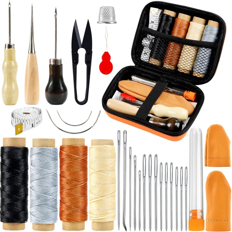 31pc Leather Repair Sewing Kit with Waxed Thread, Large Eye Needles, 3 Awl for DIY Crafts, Repair & Sewing