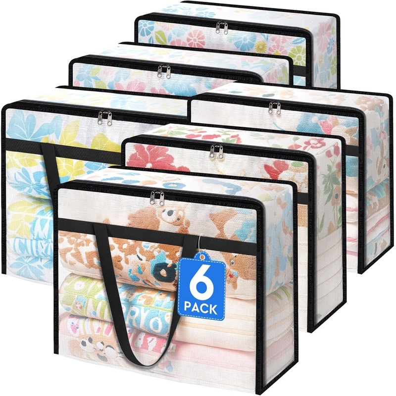 40L Clear Storage Bags with Zipper and Handle for Moving & Seasonal Storage, 6 Pack