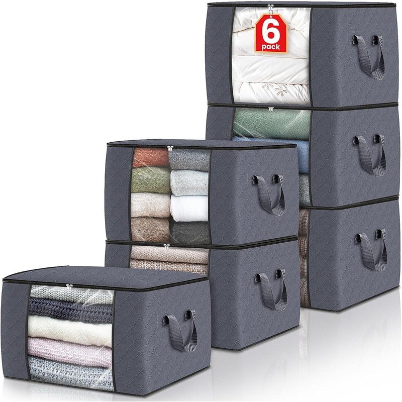 6 Pack Foldable Home Storage Bags with Clear Windows & Handle, Grey