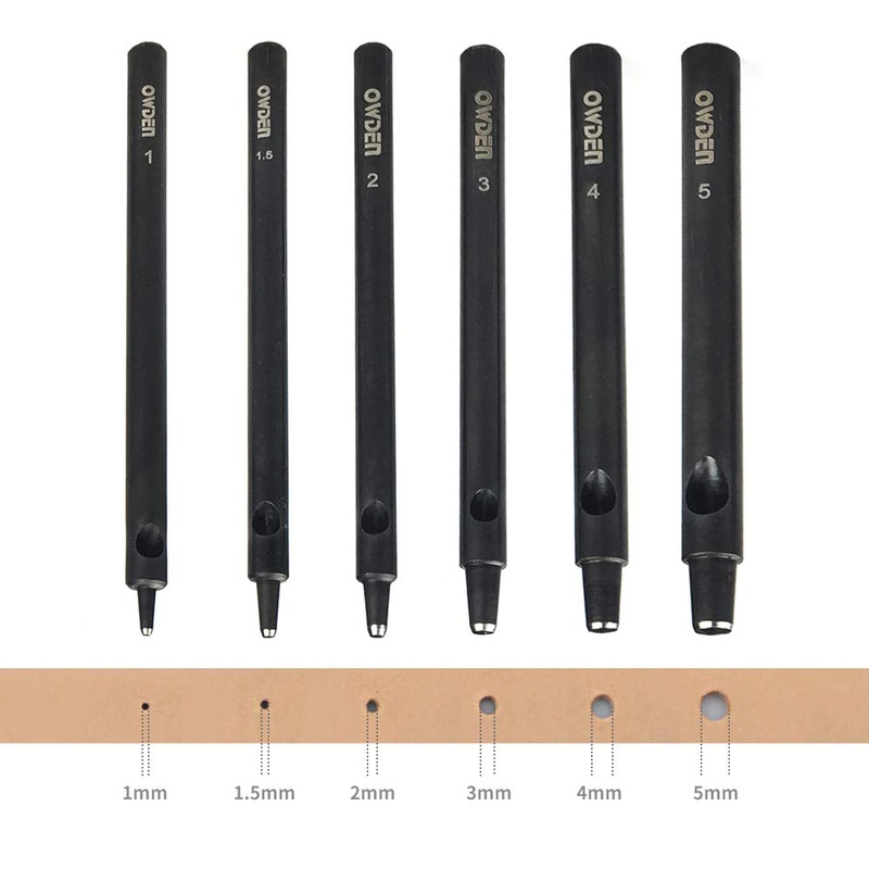 6pc Manual Leather Hollow Punch Set with Mini Cutting Mat, 1-5mm Precision Holes, Steel, Black