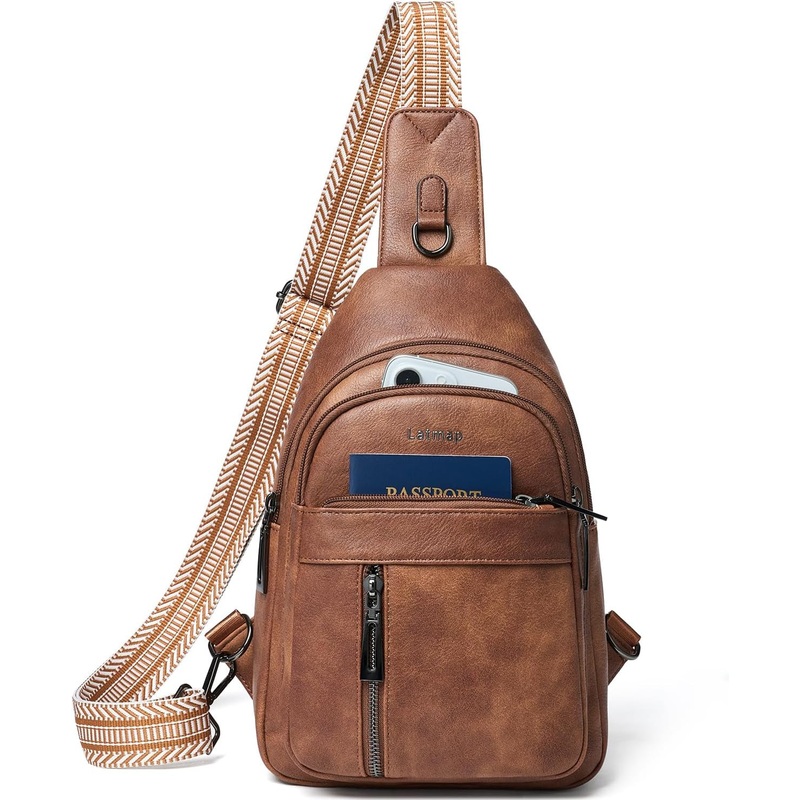 7L Travel Leather Sling Bag, Shoulder Crossbody Fanny Pack Chest Bags, Unisex, Brown