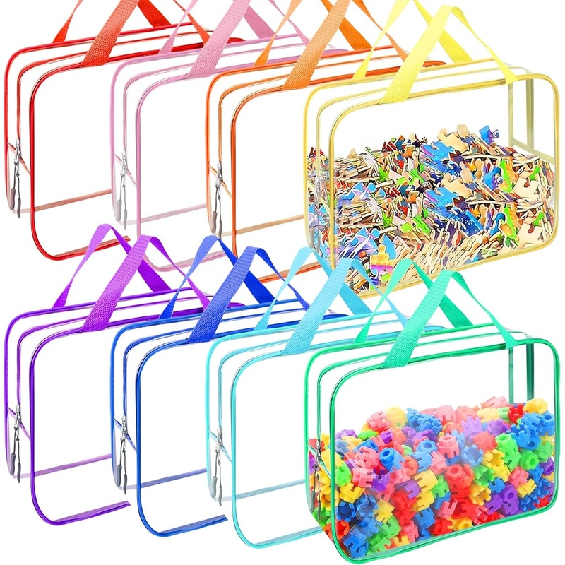 8 Packs 8 Colors Large Toy Storage Bags, Reusable Clear PVC Board Game Storage, Toy Organizers and Storage Bags with Zipper for Building Blocks, Puzzle and Handmade Accessories, Clear Toiletry Bag