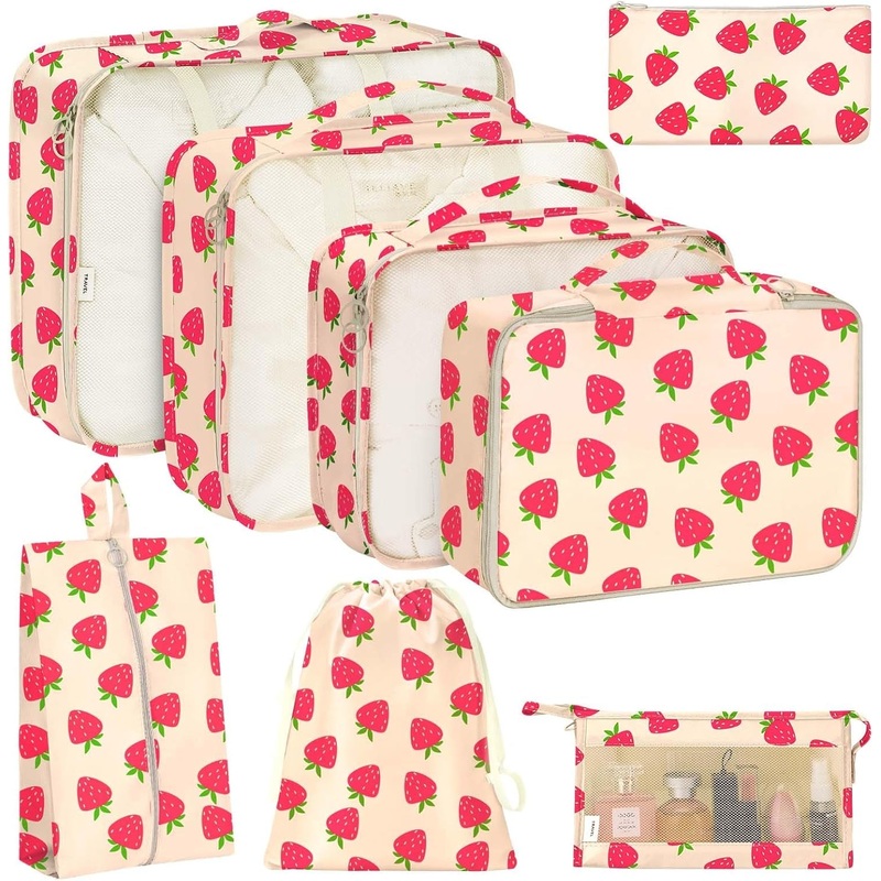 8-Piece Travel Packing Cubes Set for Clothes, Shoes, Toiletries & Electronics Organizer, Strawberry
