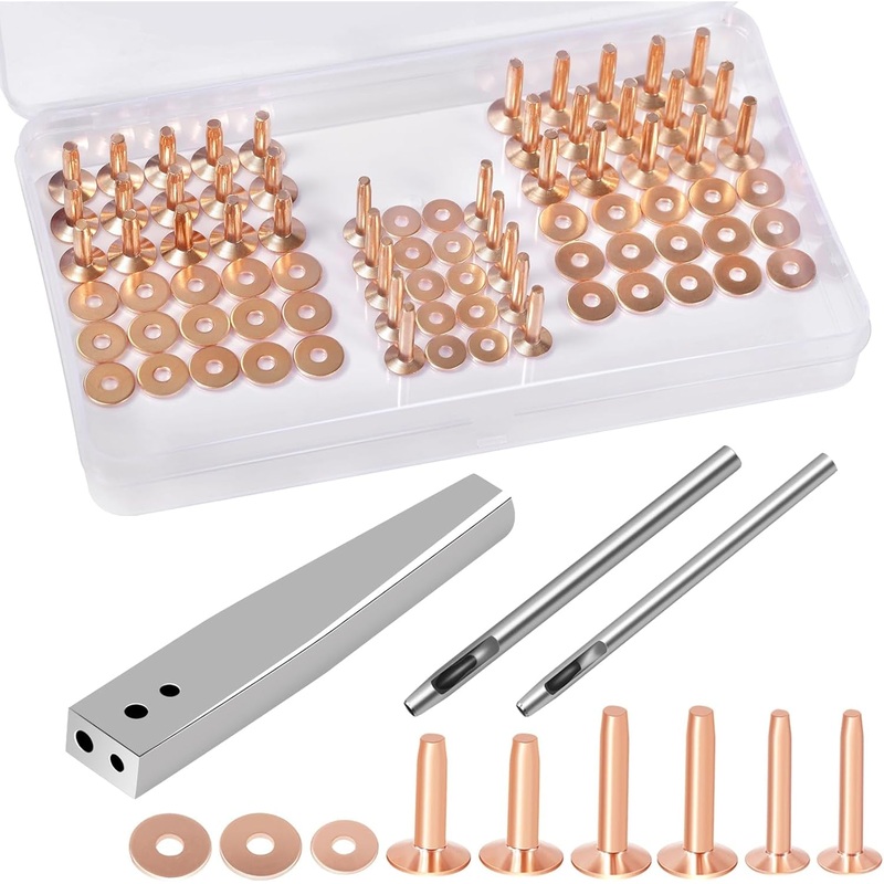 84-Piece Leather Craft Copper Rivets and Burrs Set with Burrs Setter & Hole Punch Cutter
