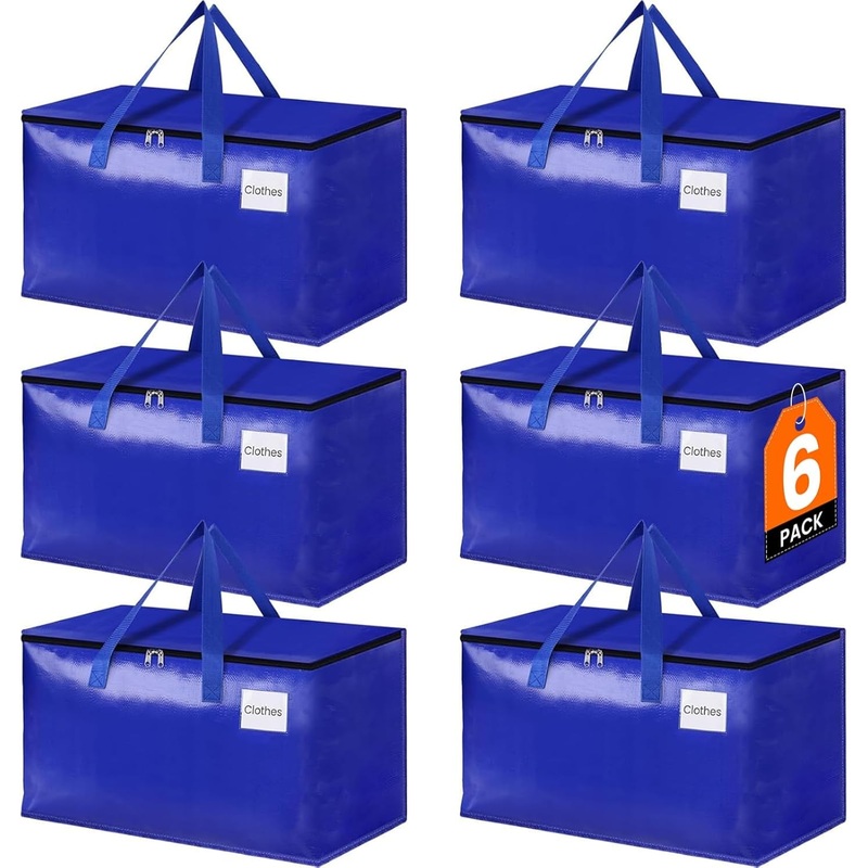93L Heavy Duty Moving Bags with Zipper, Reinforced Handles and Tag Pocket, 6 Pack, Blue