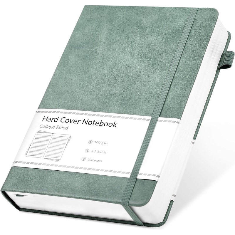 A5 Hardcover Notebook with Bookmarks & Pen Holder, 320 Pages, 100 Gsm Paper, 5.7x8.3 In, Green