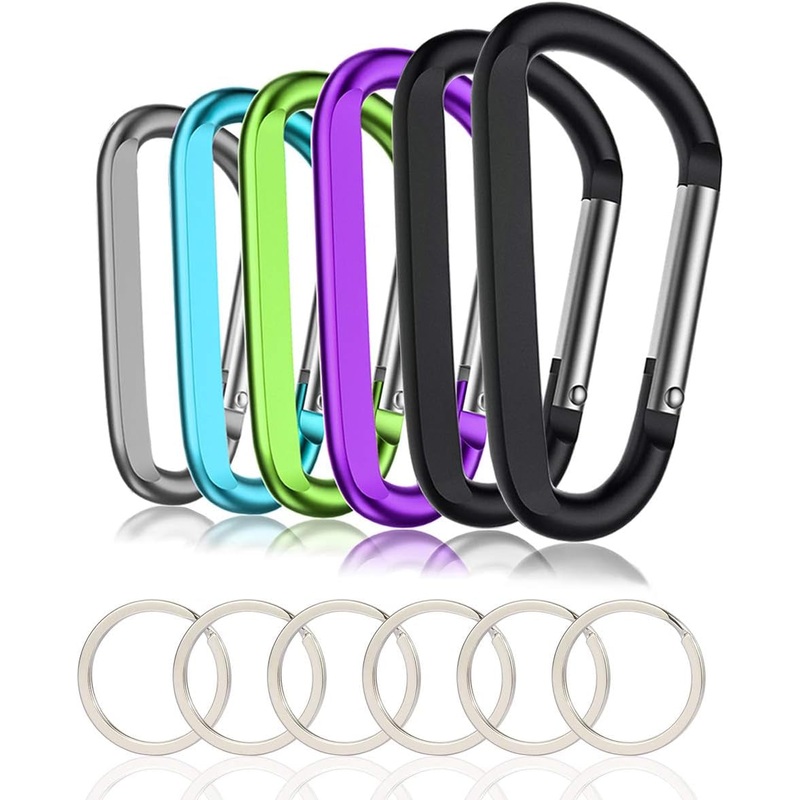 Aluminum D-Ring Carabiners & Keyrings Set, 50lb Load Capacity, 6-Pack, Black
