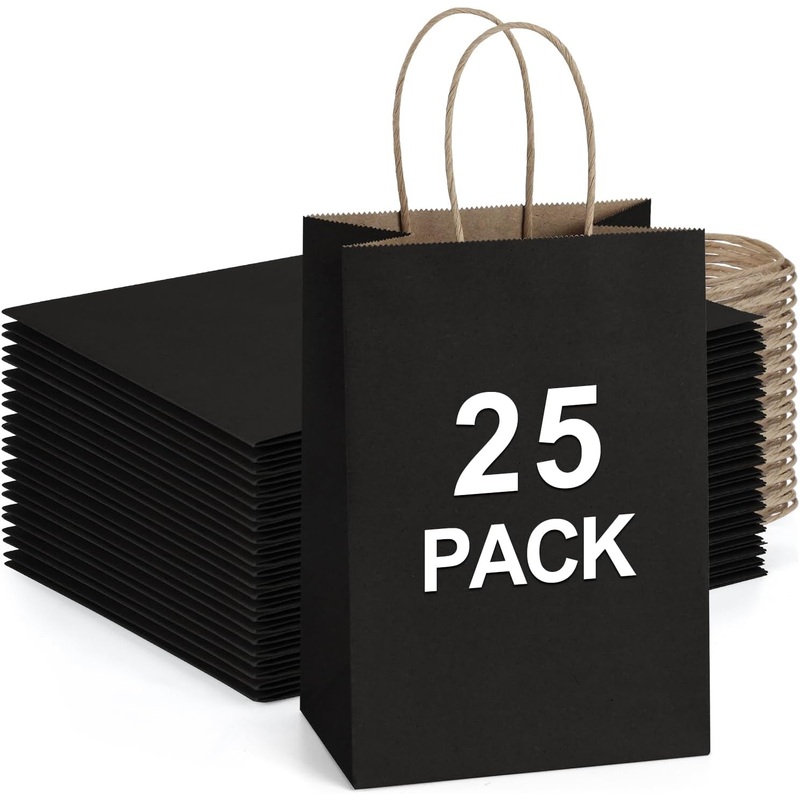 Bagdream Kraft Paper Bags 25Pcs 5.25X3X8 Inches Small Paper Gift Bags with Handles Bulk for Party Favor, Retail, Merchandise, Black Gift Sacks