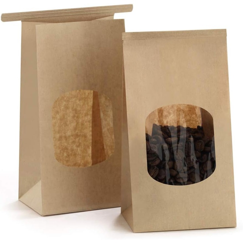 Bagdream Small Bakery Bags with Window 50Pcs 3.54X2.36X6.7 Inches Window Tin Tie Tab Lock Kraft Brown Paper Bags for Coffee Bean, Cookies, Treat, Snack
