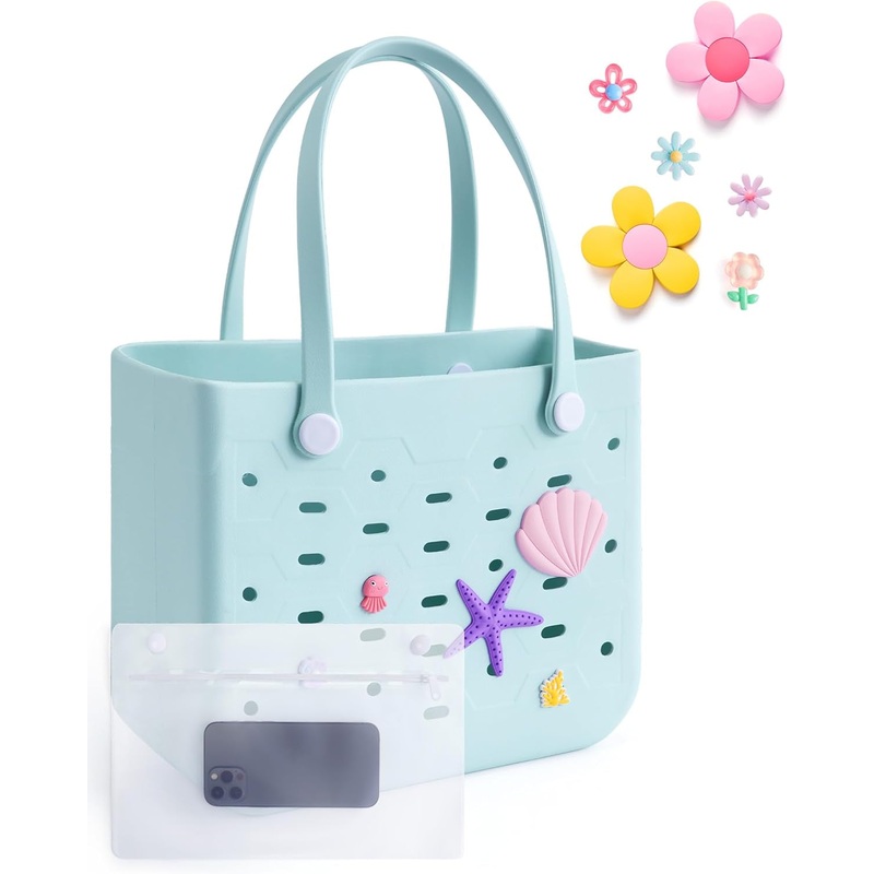 BAGSMART Beach Bag for Women, Water-Resistant Rubber Tote Bag, Sandproof Vacation Essentials for Summer Swim Cruise Pool