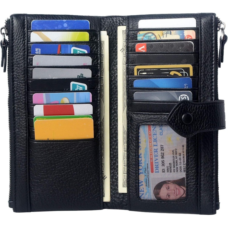 Bifold Long Wallets for Women, Slim Double Zip Credit Card Holder
