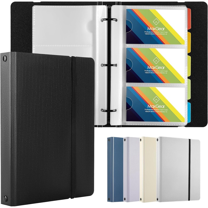 Business Card Book 5-Color Tabs Index Binder, Holds 180 Cards, Black