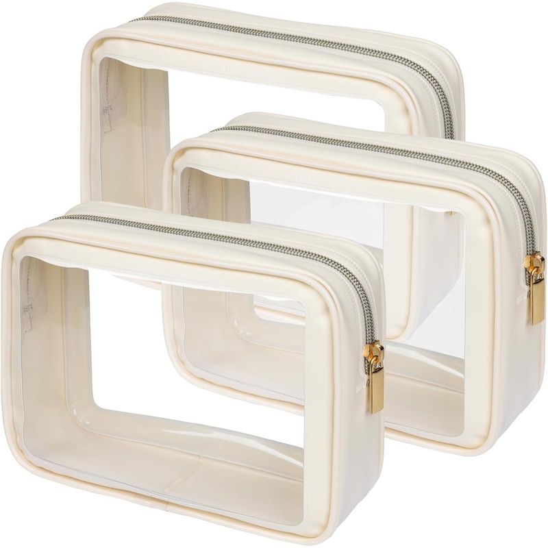 Clear Makeup Bag with Golden Zipper, TSA Approved Clear Toiletry Bag, Beige