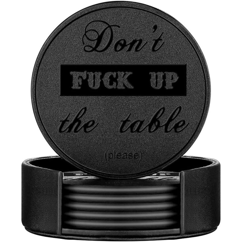 Funny Coasters, Thipoten 6 Pcs Leather Coasters with Holder, Perfect Housewarming Hostess Gifts, Protect Furniture from Water Marks Scratch and Damage(6Pcs, Black)