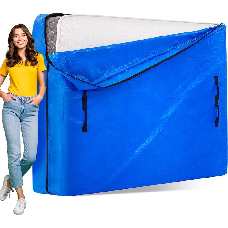 Heavy Duty Mattress Bag for Moving with 8 Handles, 3/4 Sides Zipper & 165g Thick, Queen, Blue