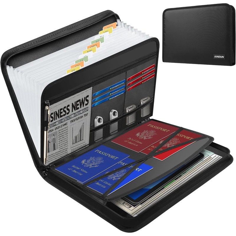 JUNDUN Accordion File Organizer - Fireproof Accordion Folder with Zipper & Labels - 13 Pocket Expanding File Folder with Multi-Pockets Document Organizer Folder for Letter A4 Files | Receipt and More