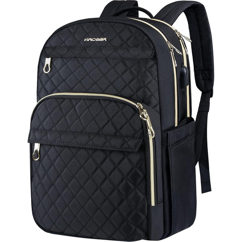 KROSER Laptop Backpack 15.6 Inch Stylish Daypack with USB Charging Port, Water-Repellent Nylon Backpack Backpack for Travel/Business/Women/Black